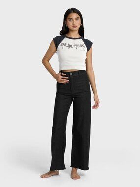 NWT Black sz 25 Billabong Free Fall High-Waist Twill Pants Wide Leg Raw Hem